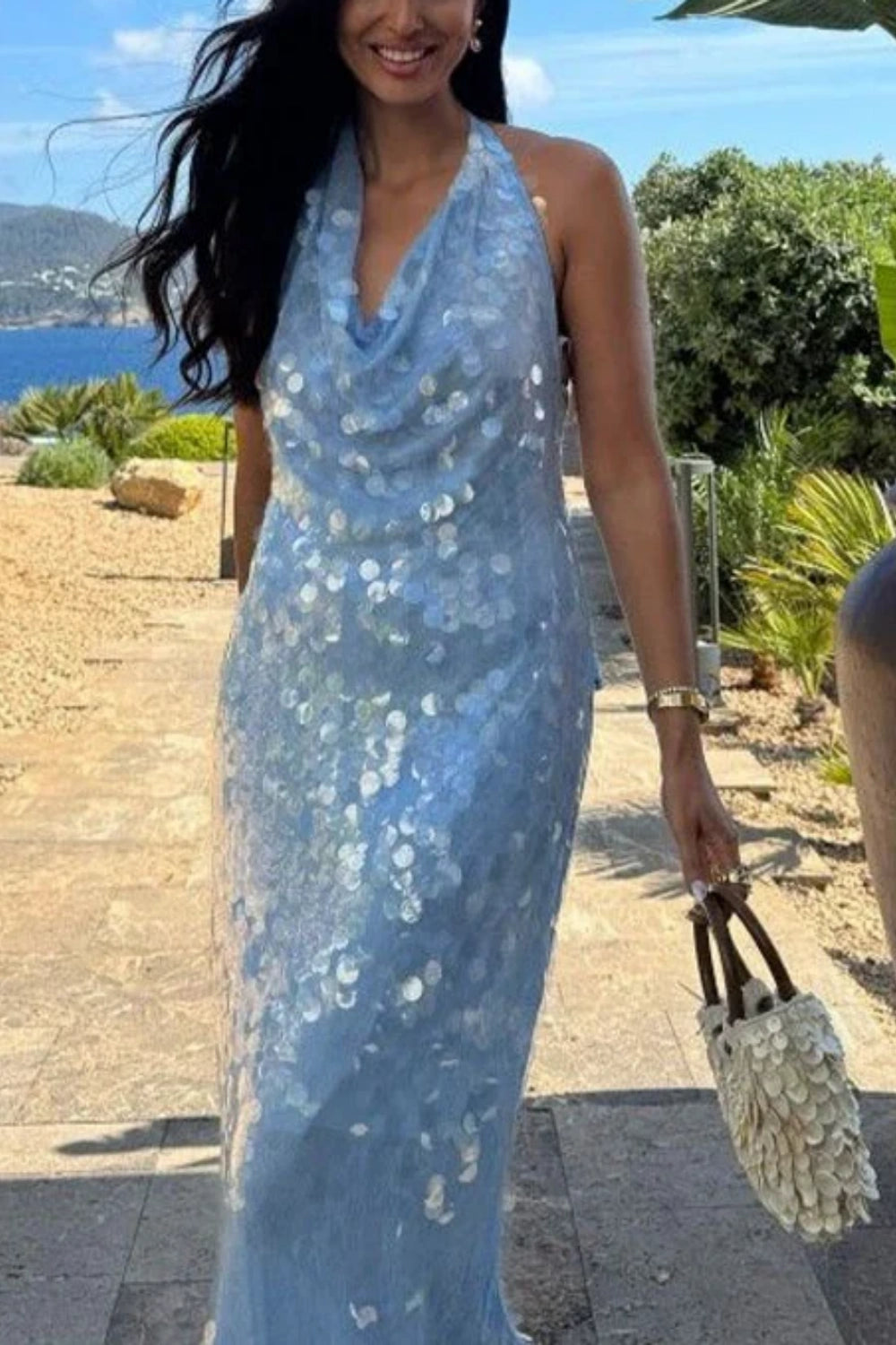 Glitzernde Pailletten Blau Neckholder Rückenfrei Meerjungfrau Langes Abendkleid, Ballkleid nv5338