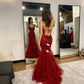 Rot glänzend elegant schön charmant V-Ausschnitt lang bodenlang Tüll exquisite Perlen zurück Schnürung Ballkleid Abendkleid Partykleid Ballkleid nv3995