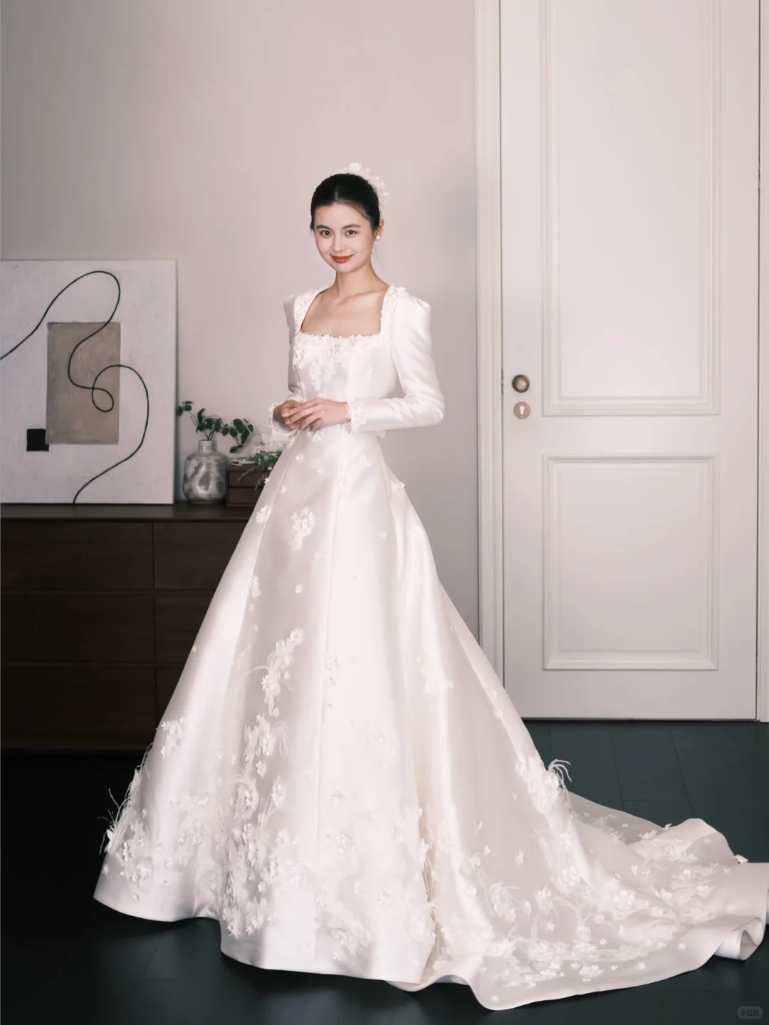 Square Neck Long Sleeve Satin A Line Wedding Gown with Floral Appliques  NV7346