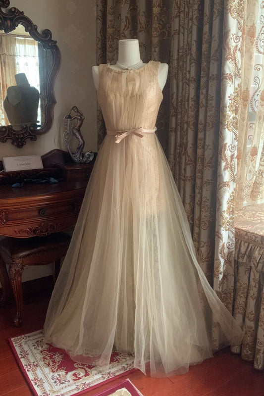 Retro Gentle Style Champagne Gold Tulle Sleeveless Waist-Tie Train Gown - Elegant Dress for Afternoon Tea & Engagement NV6366