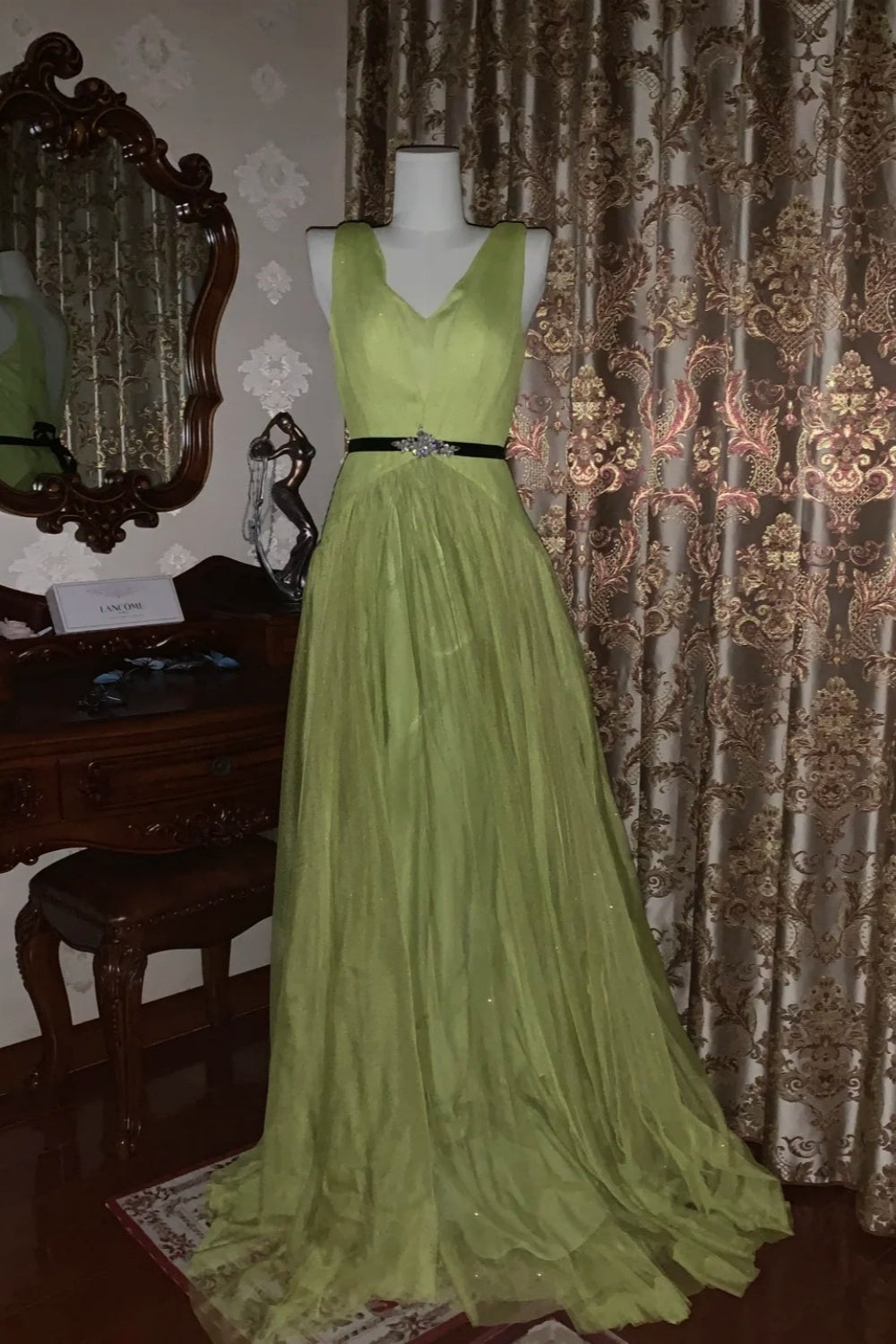 Modern Luxury Style Avocado Green Deep V Backless Sleeveless Train Gown - Showstopper Dress for Dinner & Cocktail Party NV6367