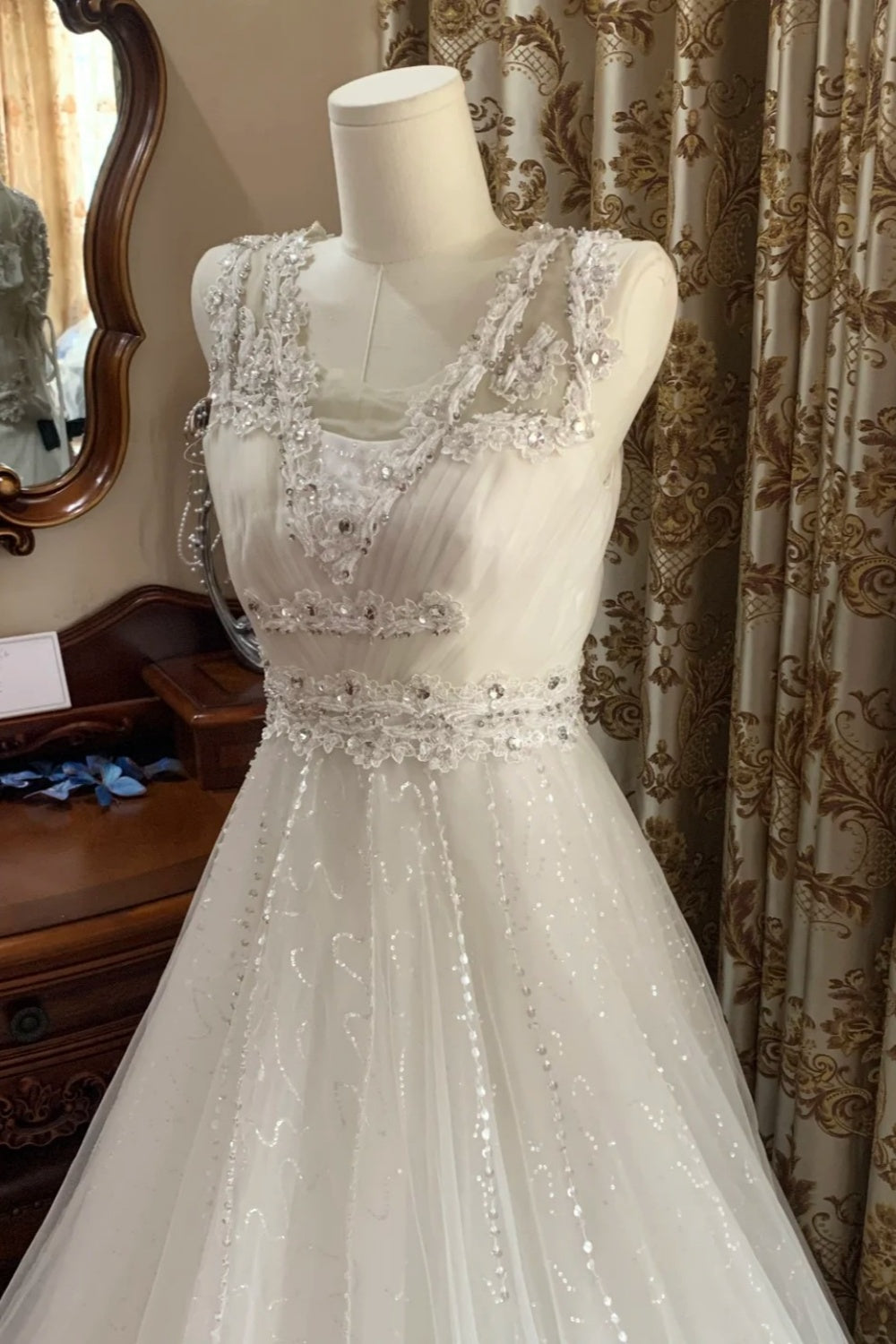 Starry Luxury Style White Beaded V-Neck Sleeveless Train Ballgown Wedding Dress NV6365