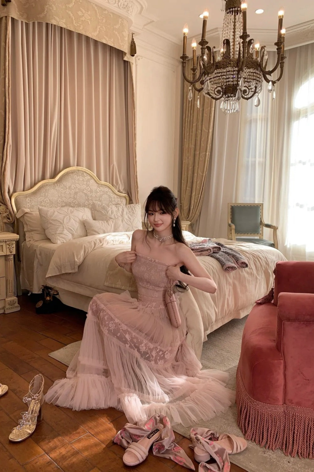 Pink long chiffon evening gown NV6745