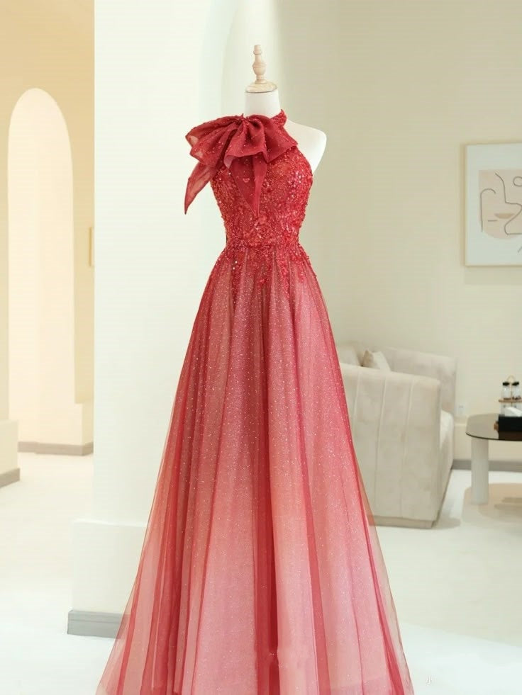 Rot Fashion Wunderschöne Exquisite Blumenapplikation Perlen A-Linie Pailletten Lange Tüll Elegante Bodenlange Ballkleid Abendkleid nv3816