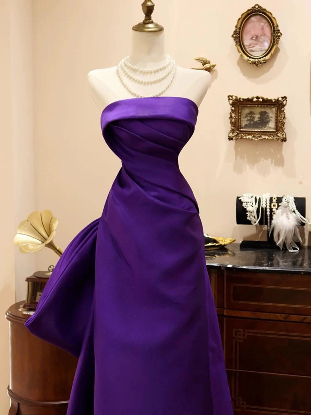 Robe de soirée longue violette élégante, col rond, coupe trapèze, longueur au sol, en satin, avec nœud papillon, robe de bal, nv3845