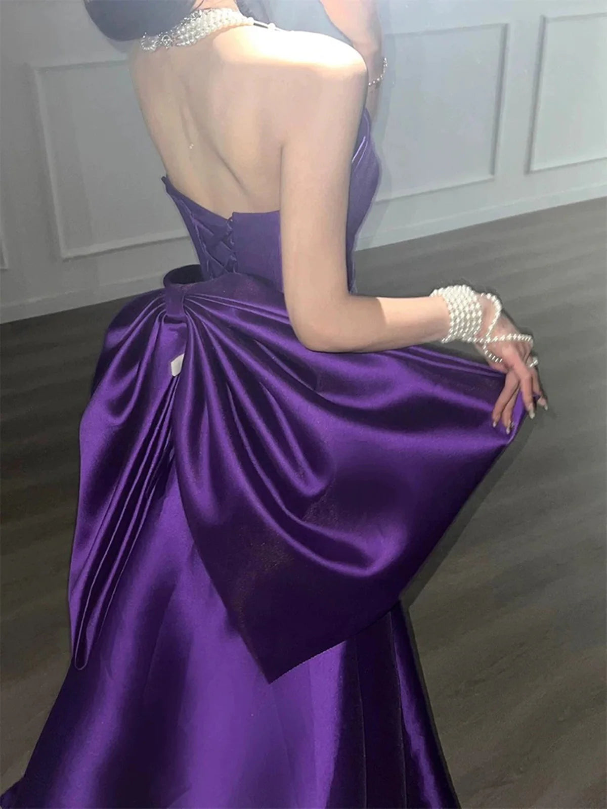 Robe de soirée longue violette élégante, col rond, coupe trapèze, longueur au sol, en satin, avec nœud papillon, robe de bal, nv3845