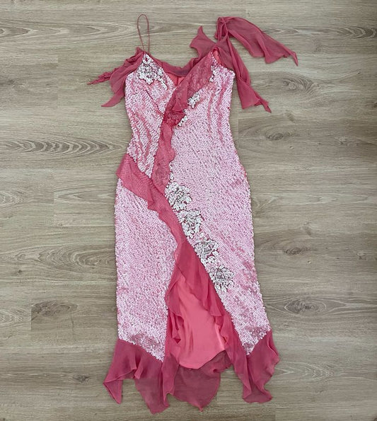 Rosa Wunderschönes Glänzendes Langes Elegantes Rüschen Pailletten Ballkleid Abendkleid Partykleid nv3399