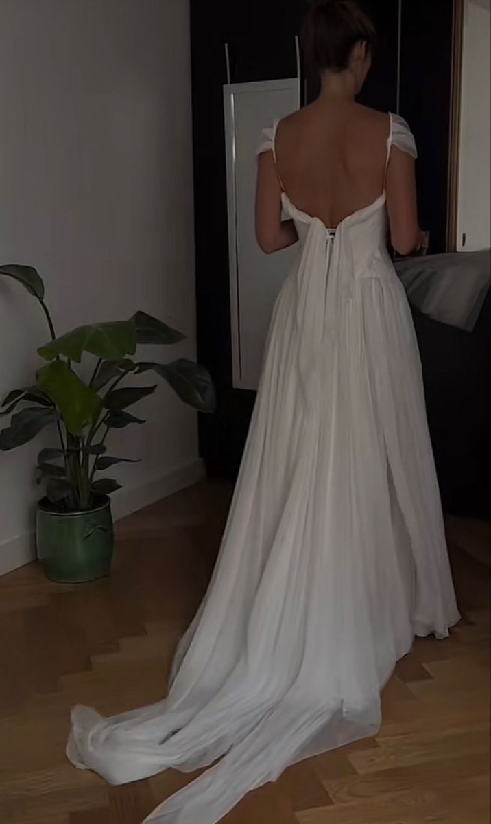 White Solid Pretty Charming Long Chiffon A-Line Floor Length Train Ball Gown Evening Dress Wedding Bridesmaid Dresses prom dress nv3825