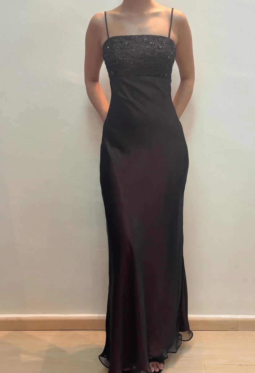 NiceVestidos--Exquisite floral beaded fairy dress Sleeveless Black Chiffon Slim fit Floor length Evening Dress NV5775