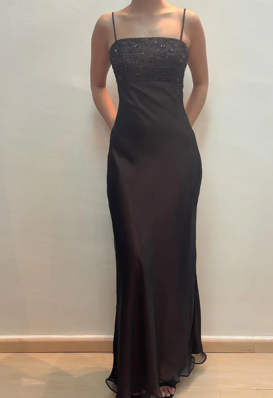 NiceVestidos – Exquisites, florales, perlenbesetztes Feenkleid, ärmellos, schwarzes Chiffon, schmale Passform, bodenlanges Abendkleid NV5775