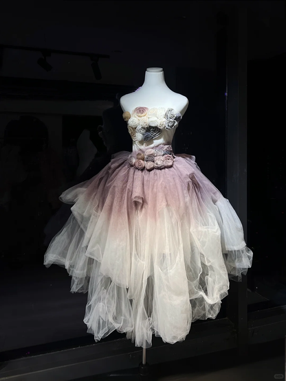 Dusty Purple Ombre Strapless Short Prom Dress 3D Rose Irregular Tulle Cocktail Evening Gown  NV7073