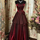 Burgundy Shiny Fashion Elegant Floral Long Satin Tiered Ball Gown Evening Dress nv3551