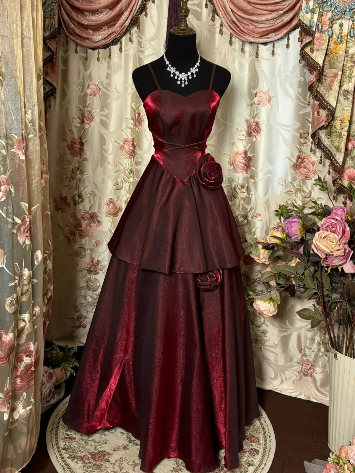 Burgundy Shiny Fashion Elegant Floral Long Satin Tiered Ball Gown Evening Dress nv3551