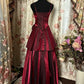 Burgundy Shiny Fashion Elegant Floral Long Satin Tiered Ball Gown Evening Dress nv3551
