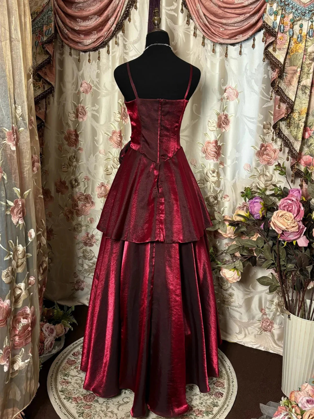 Burgundy Shiny Fashion Elegant Floral Long Satin Tiered Ball Gown Evening Dress nv3551
