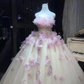 White Ombre Lavender Strapless Tulle Ball Gown, Corset Dress with 3D Gradient Floral Petals & Feather Trim  NV7097