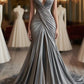 High-End Cool-Elegant Style Spaghetti Strap Deep V Gown | Silver-Gray Satin Ruched Mermaid Train Maxi Dress for Gala Red Carpet High-End Business Social Event NV6277