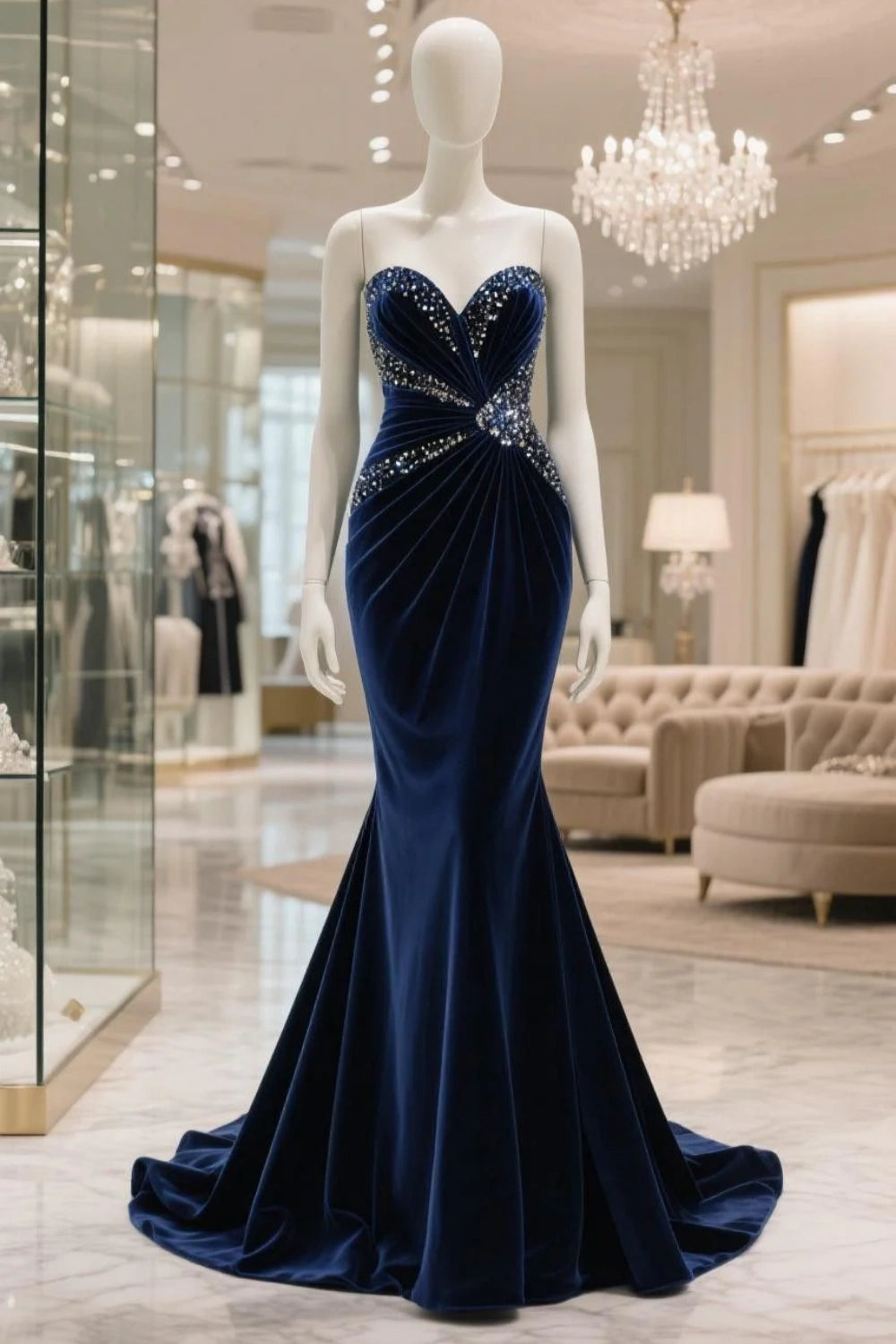 Navy blue velvet long dress with a sweetheart neckline NV6683