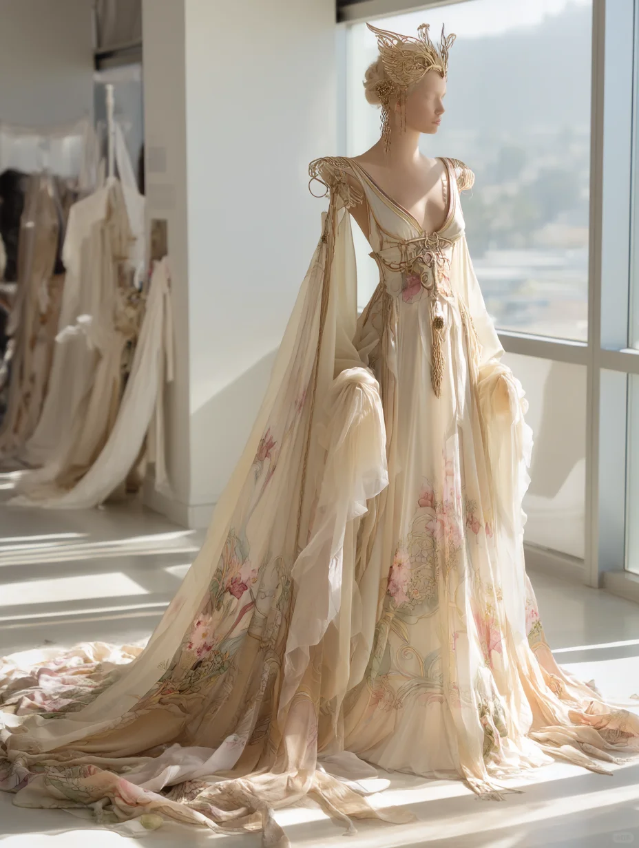 Cream Oriental Fairy Chiffon Gown with Cape Sleeves and Floral Print  NV7508