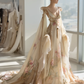Cream Oriental Fairy Chiffon Gown with Cape Sleeves and Floral Print  NV7508