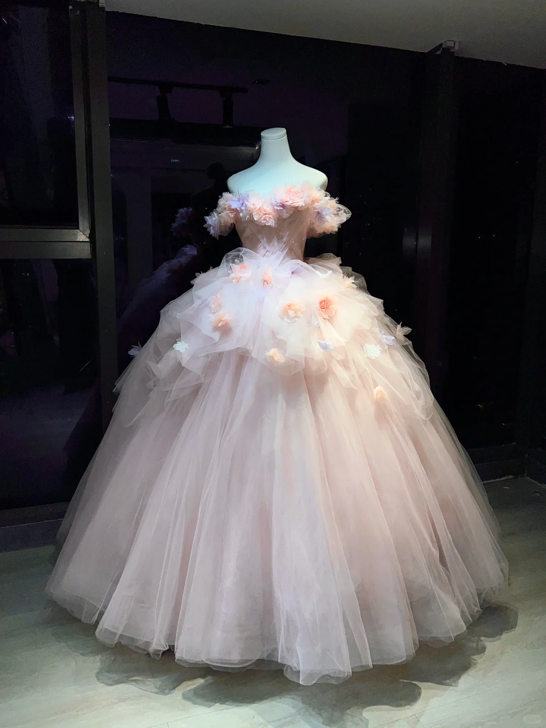 Off Shoulder Blush Pink Prom Dress 3D Floral Corset Layered Tulle Princess Ball Gown  NV7054