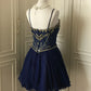 Navy Beaded Short Tulle Princess Homecoming Dress Birthday Party Dress nv4713