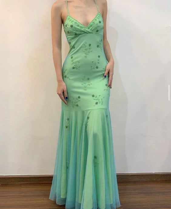 Green fashion exquisite floral beading spaghetti straps long elegant tulle ball gown evening dress party dress prom dress nv3752