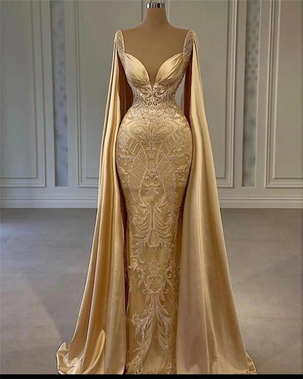 Robe de soirée sirène dorée avec appliques en dentelle perlée et cache-cœur nv2004