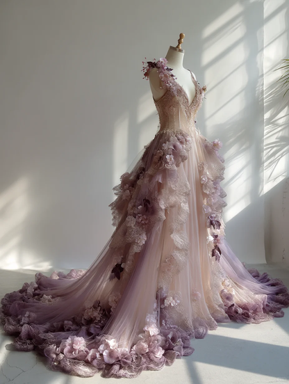Ombre Lavender Fairy A-Line Tulle Gown with 3D Floral Appliqué  NV7505