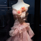 Strapless Pink Mermaid Prom Dress Hand Beaded Rhinestone 3D Flower Tiered Glitter Tulle Train  NV7038
