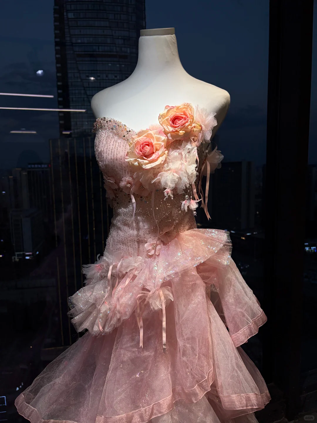 Strapless Pink Mermaid Prom Dress Hand Beaded Rhinestone 3D Flower Tiered Glitter Tulle Train  NV7038