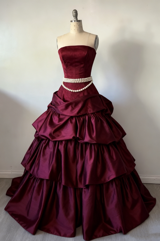 NiceVestidos-(Exclusive Original Design)Burgundy Satin Pearl-Decorated Strapless Sleeveless Floor-Length Vintage Court Gown NV6198