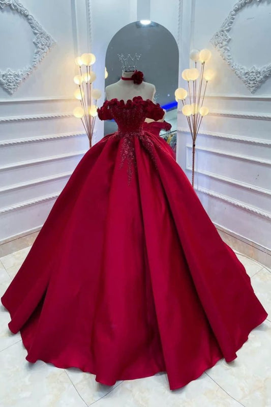 NiceVestidos - Robe de bal longue en satin rouge à fleurs, élégante, NV5875