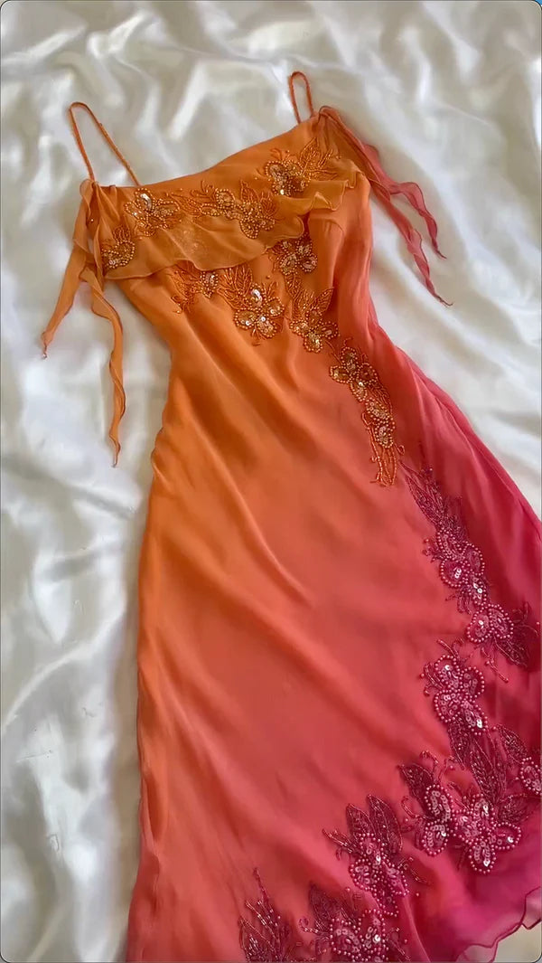 Orange Fashion Gradient Gorgeous Spaghetti Strap Beaded Long Chiffon Ball Gown Evening Dress Party Dress nv3664