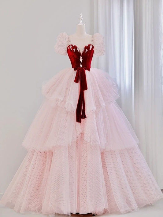 Robe de soirée longue rose élégante et douce à volants nv3059