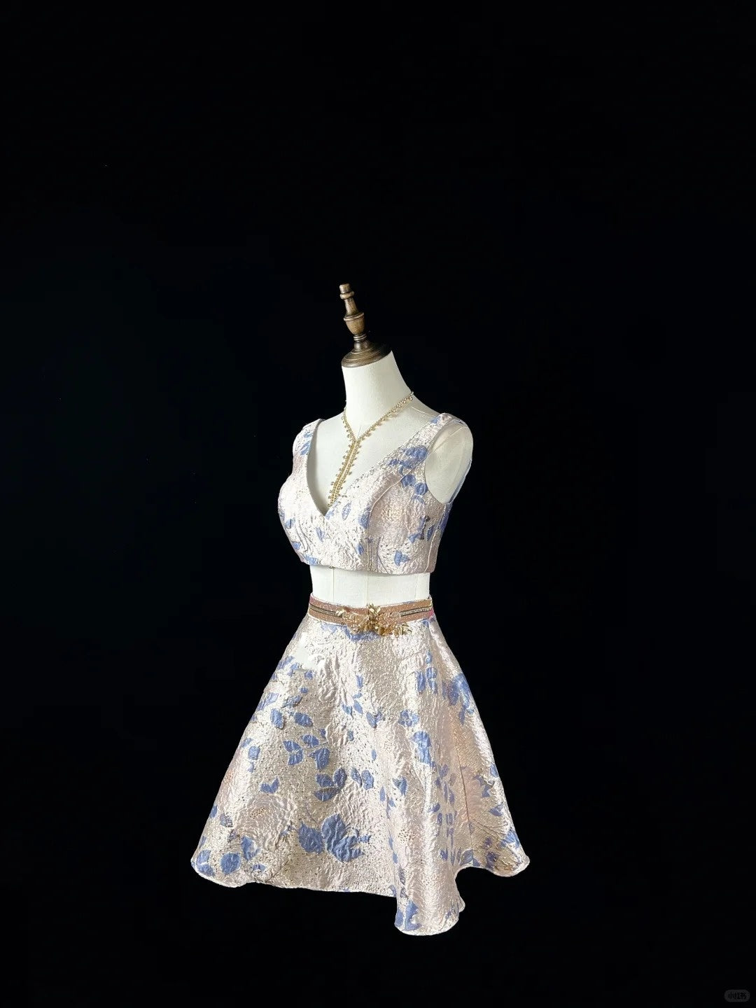 Champagne blue and gold embossed jacquard short homecoming dress birthday dress nv4487