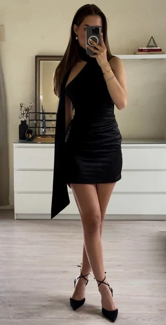 Black simple elegant short mini satin homecoming dress evening gown party dress nv2346