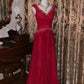Luxurious Elegant Style Wine Red Beaded Sleeveless V-Neck Train Gown - Mother of the Bride Dress &amp; Dinner Party Gown NV6372