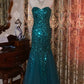 Starry Spotlight Style Peacock Blue Full-Diamond Strapless Mermaid Train Gown - Shimmering Dress for Dinner & Award Ceremony NV6368