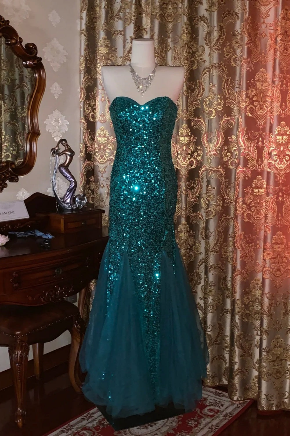 Starry Spotlight Style Peacock Blue Full-Diamond Strapless Mermaid Train Gown - Shimmering Dress for Dinner & Award Ceremony NV6368