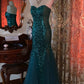Starry Spotlight Style Peacock Blue Full-Diamond Strapless Mermaid Train Gown - Shimmering Dress for Dinner & Award Ceremony NV6368