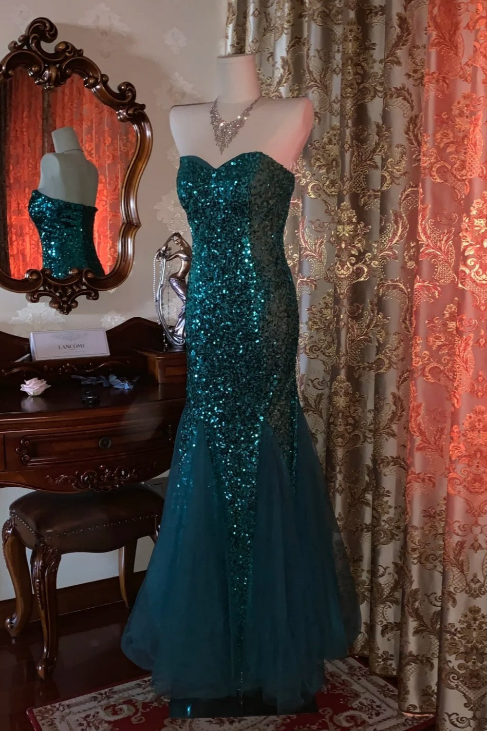 Starry Spotlight Style Peacock Blue Full-Diamond Strapless Mermaid Train Gown - Shimmering Dress for Dinner & Award Ceremony NV6368
