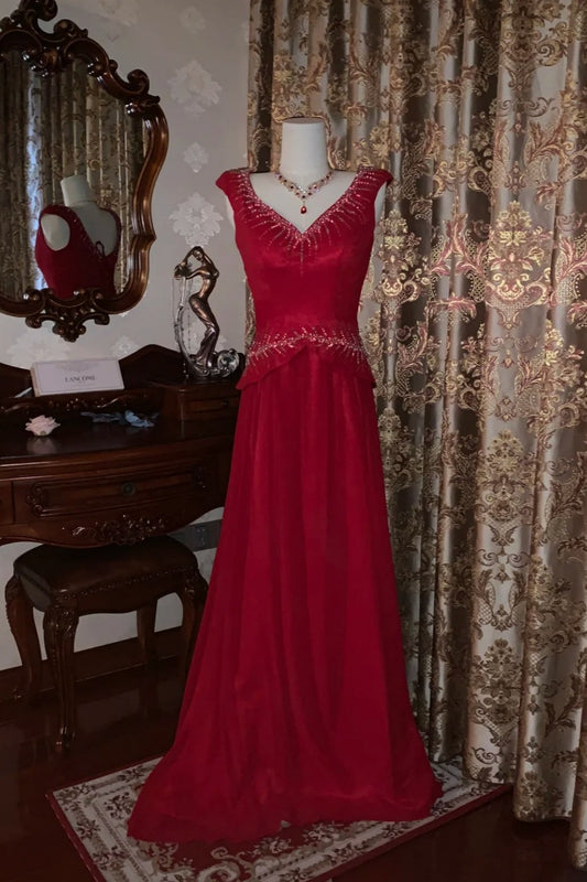 Luxurious Elegant Style Wine Red Beaded Sleeveless V-Neck Train Gown - Mother of the Bride Dress & Dinner Party Gown NV6372