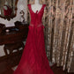 Luxurious Elegant Style Wine Red Beaded Sleeveless V-Neck Train Gown - Mother of the Bride Dress &amp; Dinner Party Gown NV6372