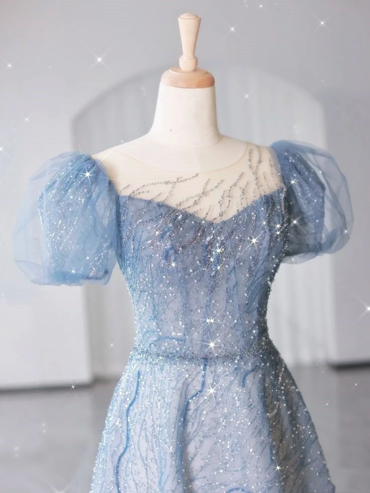 Light blue shiny elegant sweetheart neckline exquisite beading short sleeve long tulle ball gown evening dress graduation dress nv3785