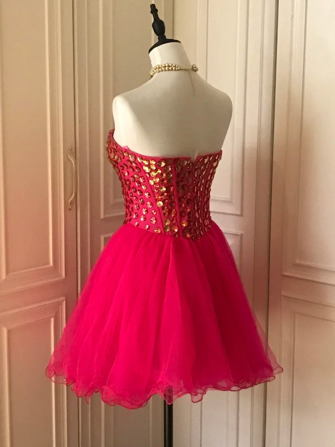 Pink Sequin Beaded Short Tulle Princess Homecoming Dress Birthday Party Dress nv4712