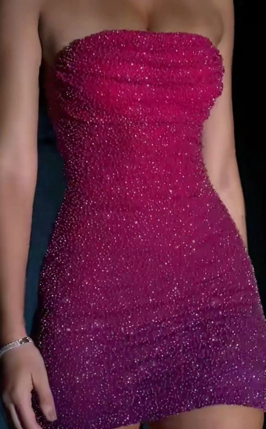 Pink Purple Sequined Shiny Short Off-the-shoulder Homecoming Dress Cocktail Party Dress nv5181