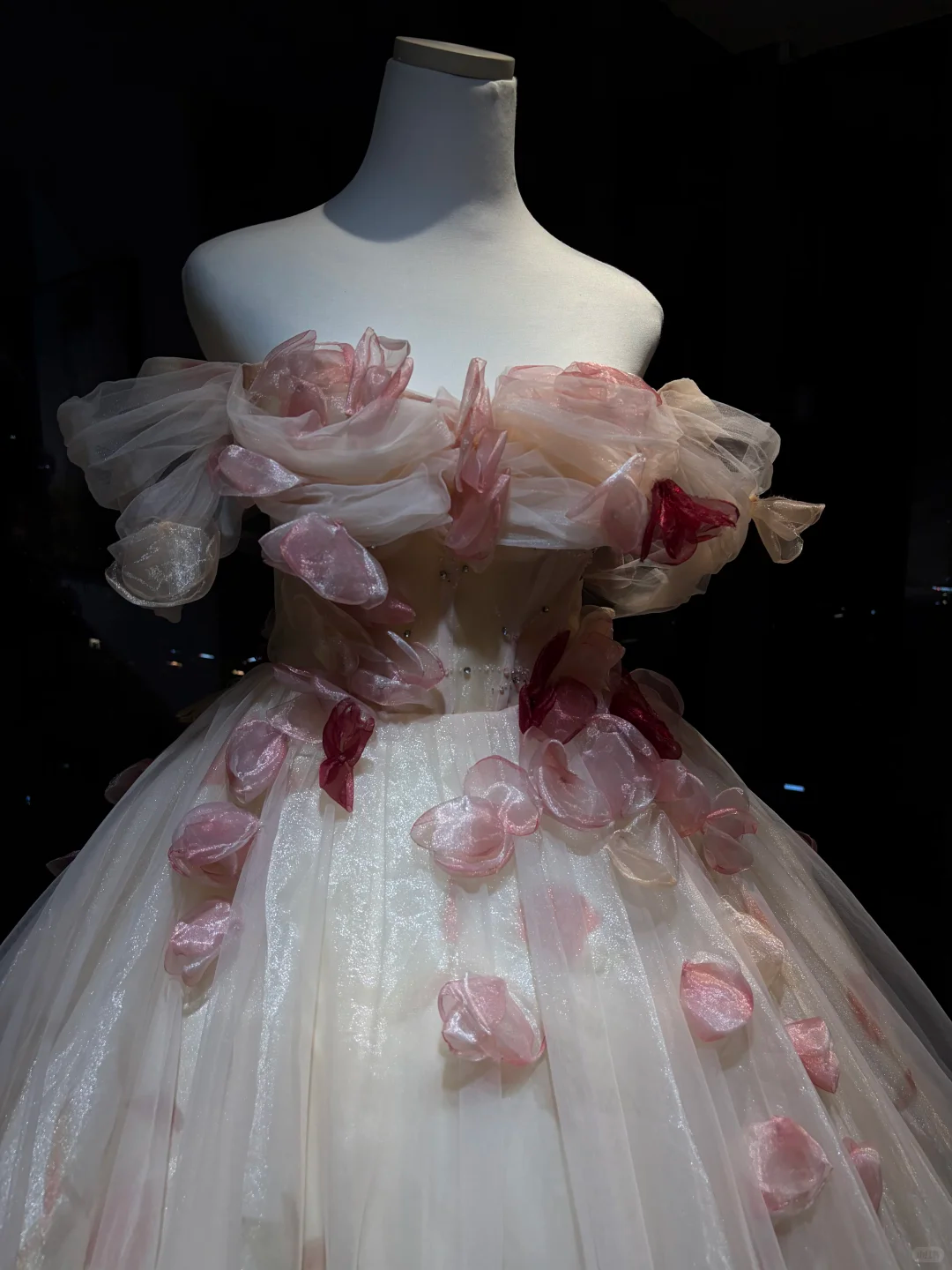 Off Shoulder Ivory Prom Dress 3D Pink Petal Floral Appliques Glitter Tulle Ball Gown  NV7046