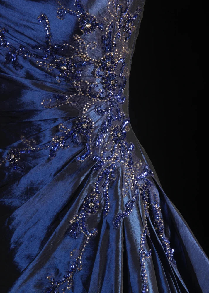 Robe de bal élégante en satin bleu marine, vintage, élégante, à épaules dénudées, longue, à perles, nv3769