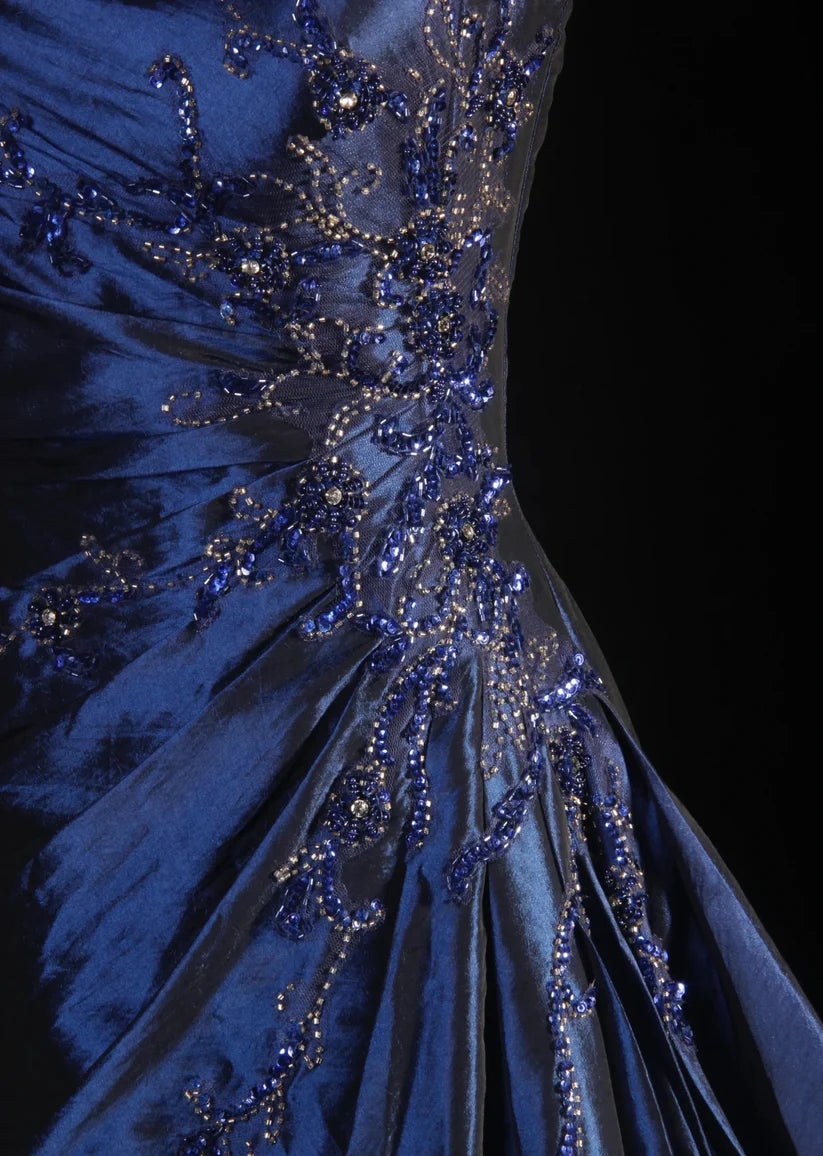 Navy Blue Gorgeous Shiny Vintage Fashion Off Shoulder Exquisite Beading Long Satin Elegant Ball Gown Party Dress Prom Dress nv3852